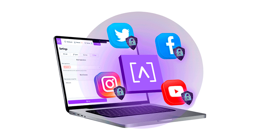 Изображение ноутбука с интерфейсом Alta Labs CONTROL и иконками Twitter, Facebook, Instagram и YouTube с замками - демонстрация функции DPI-фильтрации и блокировки приложений