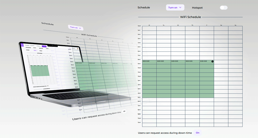 Интерфейс Alta Labs CONTROL с функцией расписания доступа в интернет. На экране ноутбука показано Wi-Fi Schedule с возможностью включения и настройки времени работы сети