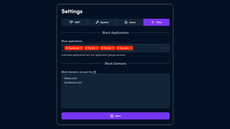 Интерфейс панели настроек Alta Labs — блокировка приложений Facebook, Twitch, Twitter и YouTube, а также фильтрация доменов tiktok.com и facebook.com
