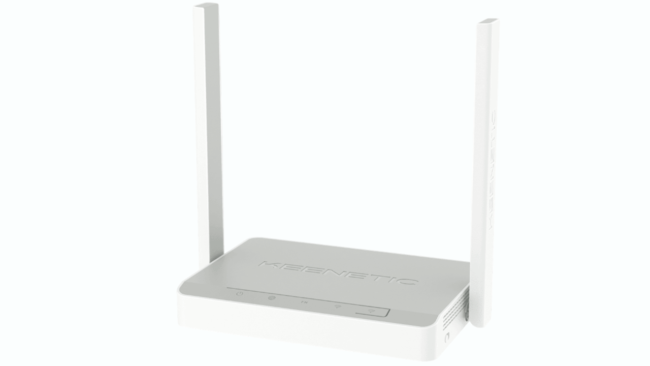 Роутер Keenetic Air с двумя вертикальными антеннами и четырьмя Ethernet-портами в компактном белом корпусе