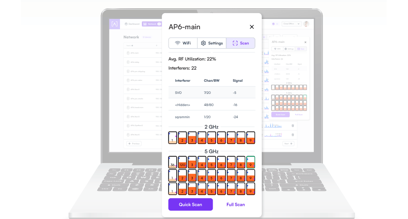 Интерфейс сканирования каналов Alta Labs AP6-Pro - анализ диапазонов 2.4 ГГц и 5 ГГц
