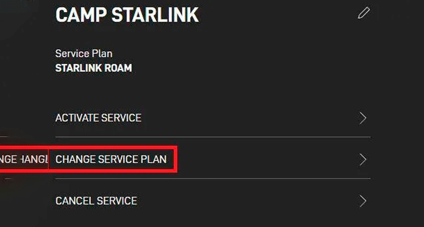Скриншот аккаунта Starlink с выделенной кнопкой Change Service Plan для смены тарифного плана