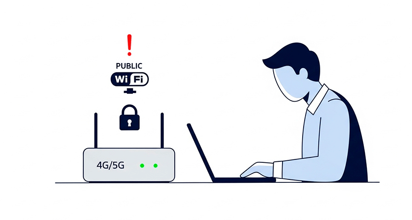 Иллюстрация безопасного подключения к интернету через личный 4G/5G роутер вместо использования публичного Wi-Fi