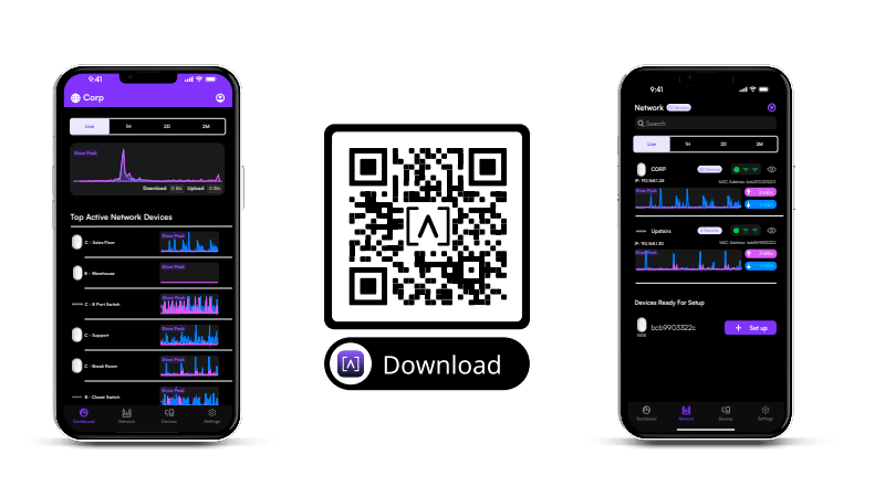 Мобильное приложение Alta Networks для управления маршрутизатором Alta Labs ROUTE 10, два экрана со статистикой сети и QR-код для скачивания приложения.
