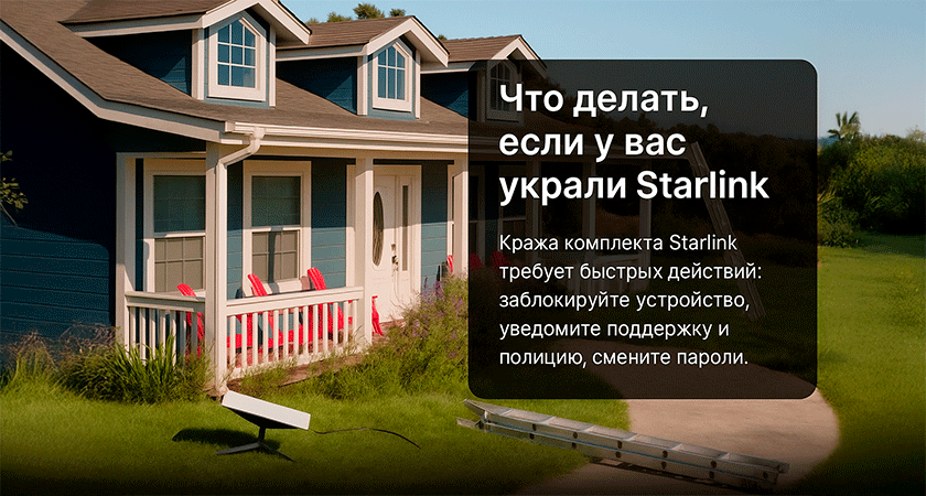 Дом с крышей и снятым терминалом Starlink, подпись о том, что делать если украли Starlink — инструкция по блокировке устройства, обращению в поддержку и полицию