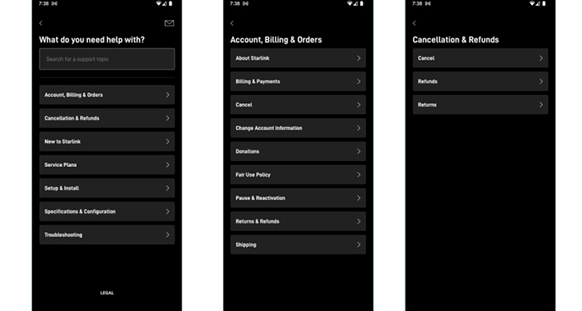 Скриншоты меню поддержки в приложении Starlink: разделы Account, Billing и другие настройки для управления услугами