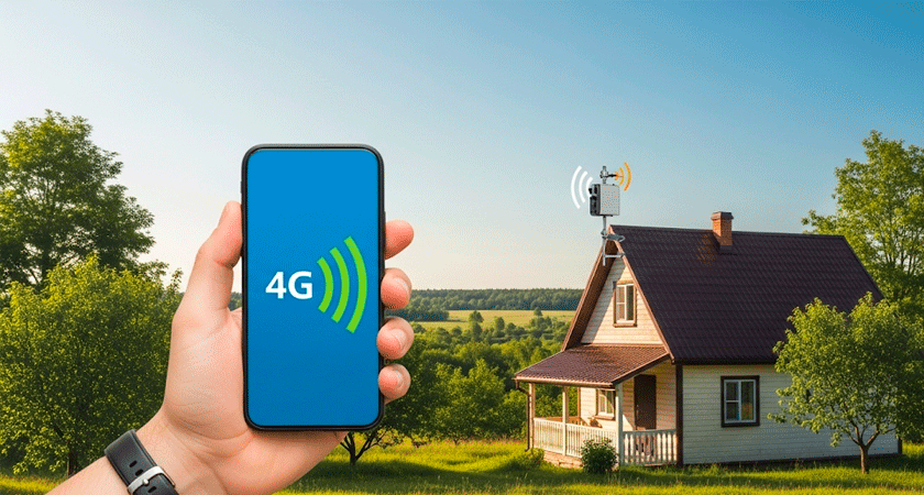 Рука держит смартфон с отображением сильного 4G-сигнала на фоне загородного дома с установленной на крыше антенной усилителя связи; солнечный день, зелёный ландшафт, деревья и поле за домом.