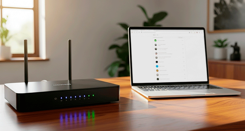 Ноутбук с открытой страницей списка подключённых устройств к Wi-Fi рядом с роутером